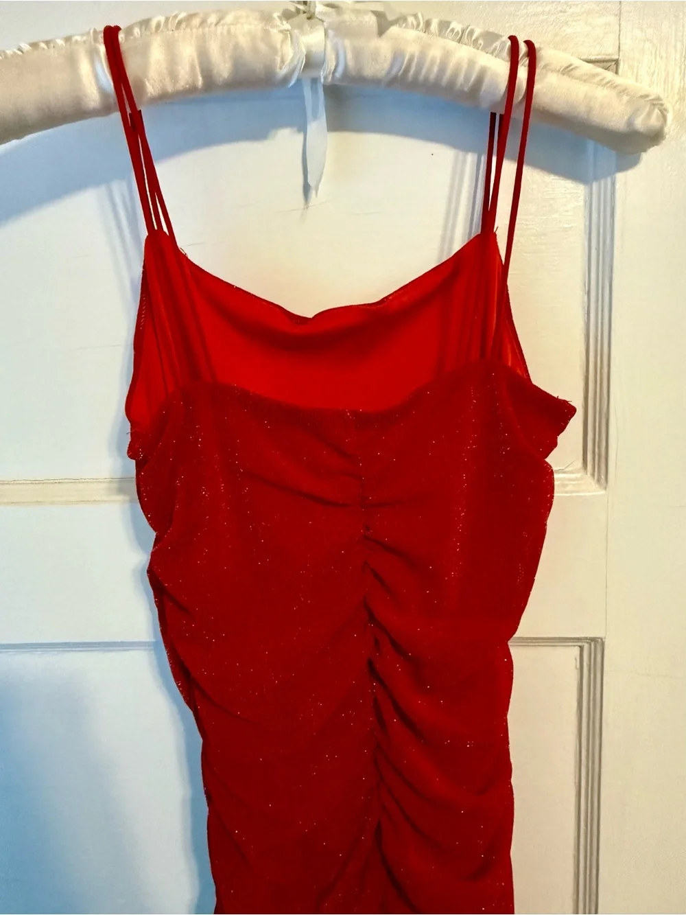 Red Ruched Bodycon Mini Dress Red Sparkle size Small - Picture 5 of 9